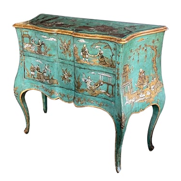 A Rare French Rococo Bombe-form Teal Chinoiserie Two-drawer Commode