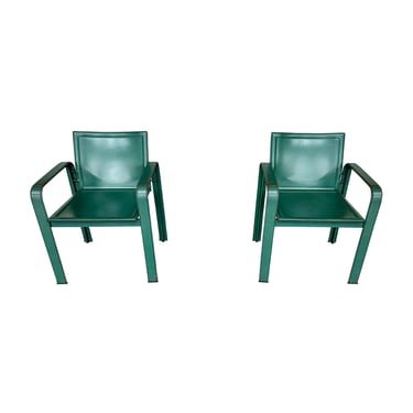 Pair of Italian Green Leather Chairs in the Style of Jacques Adnet