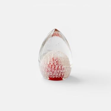 Art Glass Egg Shaped Paperweight Handblown Glass Red, White and Clear 