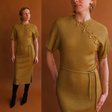 Vintage Gold Ribbed Dress with Frog Closures/ Size Small 