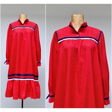 Vintage 1970s Cottagecore Dress, 70s Red Cotton Polka Dot Prairie Dress with Smocking, Modest Dress, Small 