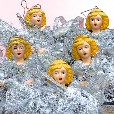 VINTAGE: 5pcs - Porcelain Angel Ornaments - Silver Angels - Christmas Doll Ornaments - Fabric Angels - Holiday Christmas Angels 