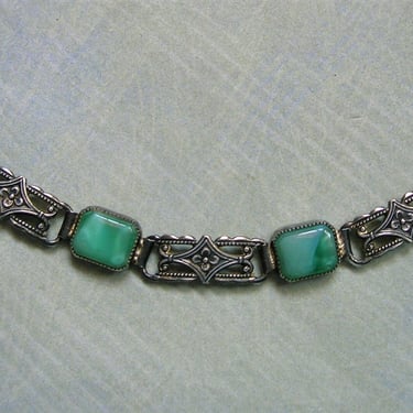 Antique Art Deco Sterling and Peking Glass Bracelet, Old Sterling Deco Green Glass Bracelet (#4172) 