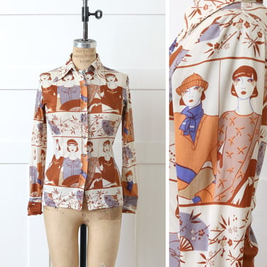 vintage 1970s Art Deco ladies blouse • nylon huk-a-poo disco era novelty print shirt 