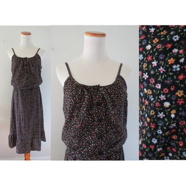 Vintage Floral Prairie Dress 70s Boho Hippie Calico Ditsy Flower Print Sundress Summer Outfit Size Medium Large 