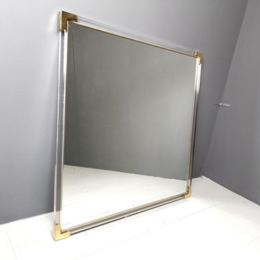 Vintage lucite and brass mirror, 1970s - vintage design mirror - hollywood regency mirror - square mirror - large wall mirror 