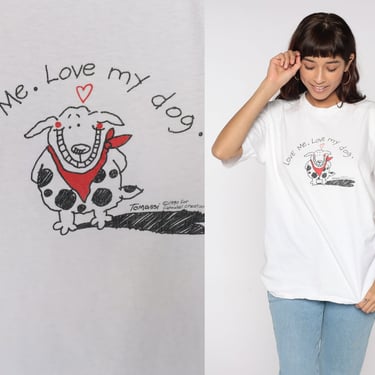 Dog T Shirt Love Me Love My Dog Tshirt Puppy Shirt Graphic Tee 90s Kawaii Vintage Animal Illustration Retro T Shirt 1990s Extra Large XL 