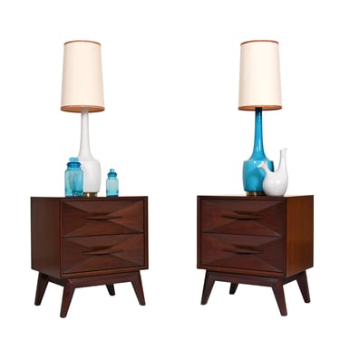 American Modernist End Tables | Nightstands w Faceted Drawers (Pair)