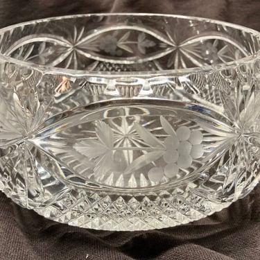 7" Round Brilliant beautiful Lead Crystal Bowl~ Etched Carved Flowers, Hobstar, Crosshatching, Square Saw Tooth Rim, Clear bohemian  Glass 