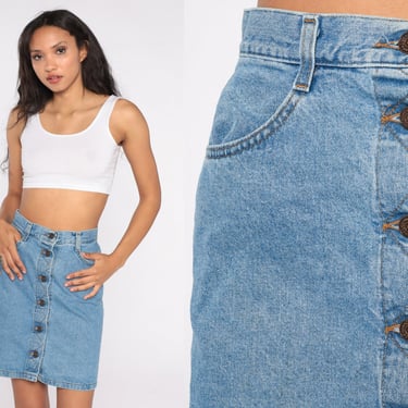 Denim Mini Skirt Jean Skirt 80s Exposed Button Up Skirt LEE Jeans 80s High Waisted Pencil Skirt Retro Vintage Blue Small S 