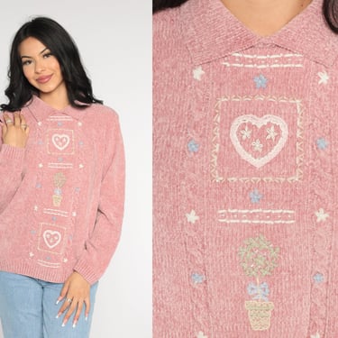 Pink Collared Sweater Top Y2k Embroidered Floral Heart Knit Pullover Knit Long Sleeve Retro Kawaii Grandma Vintage 00s Alfred Dunner Medium 
