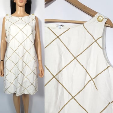 Vintage 80s Does 60s Linen Shift Dress With Gold Piping Made In USA Size M/L 