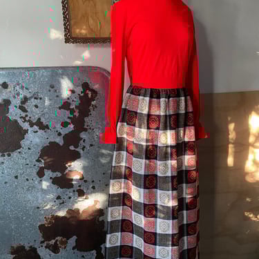 Vintage 60s Abstract Patchwork CheckerBoard Plaid Wool Maxi Dress with Bright Red Turtleneck Blouse; 60s Holiday Christmas Wool Maxi Dress 