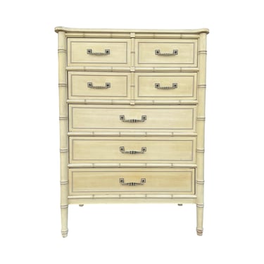 Henry Link Tallboy Dresser Chest of 5 Drawers - Vintage Creamy White Bali Hai Faux Bamboo Hollywood Regency Coastal Chinoiserie Style 
