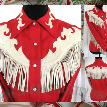Ranch-Maid Vintage Western Women's Cowgirl Shirt, Rodeo Blouse, Rare Rose Red, Leather Appliques & Fringe, Approx. Small (see meas. photo) 