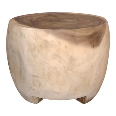 Organic Modern Solid Carved Wood Drum Accent Table