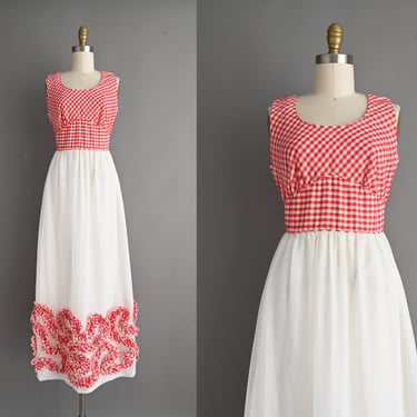 vintage 1970s Dress | Candi Jones Red Gingham White Cotton Summer Dress |  Small 