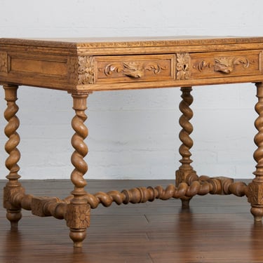 19th Century French Louis XIII Provincial Barley Twist Oak Writing Desk or Side Table 