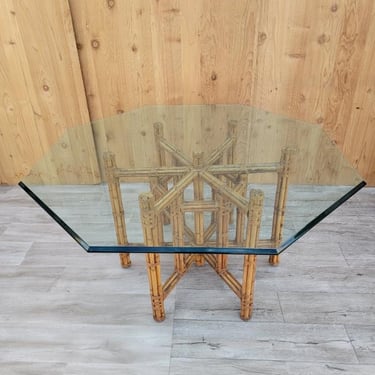 Vintage Coastal McGuire Rattan and Bamboo Bundle Base Octagon Glass Top Dining Table