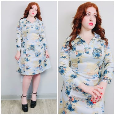 1970s Vintage Light Blue Pastoral Scene Dress / 70s / Seventies Novelty Print Split Neck Knit Dress / Size Large 