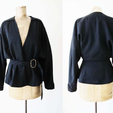 Vintage 40s 50s Ed Mor Womens Gabardine Peplum Jacket S M - 40s Minimalist Avant Garde Sculptural Short Jacket - Brass Stud Belt 