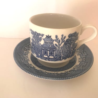 Vintage Blue Willow Tea Cup and Saucer  Marked England- Churchil- Great condition 