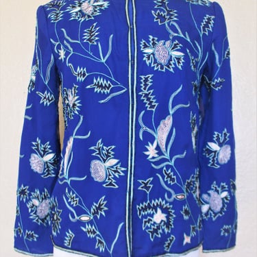 Vintage 80s Monika Beaded Embroidered Jacket Women, Small, Blue Silk Party Jacket 