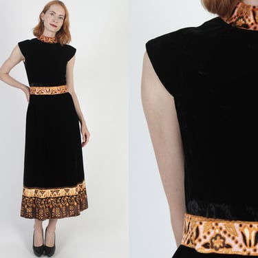 Black Velvet Malcolm Starr Designer Dress Vintage 60s 70s Elinor Simmons Gown Belted Long Evening Party Pockets Dress Size 10 