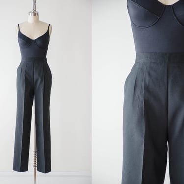 high waisted pants | 80s 90s vintage black dark academia pleated skinny straight leg trousers 