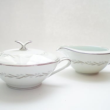 MCM Noritake Almont covered sugar bowl & creamer set. Elegant modern white porcelain w/ platinum trim and gray design. 