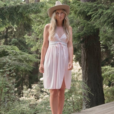 60's 70's Pale Pink High Slit Slip Dress | Sheer Lace Nightie | Cute Lingerie Mini Dress | Vintage Nightgown 