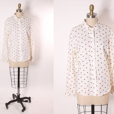 1970s White, Red and Green Long Sleeve Button Down Novelty Strawberry Print Blouse by Present Tense -L 