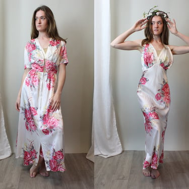 1930s ROSE PRINT rayon LINGERIE set nightgown robe dress small | new spring 