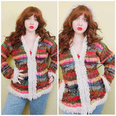 1990s Vintage Ishka Ecuador Knit Wool Sweater / 90s Rainbow Cable Knit Hooded Cardigan / Large 