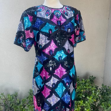 Vintage 90s cocktail short dress seqins beaded multicolor Sz L Elegance by Anujan 