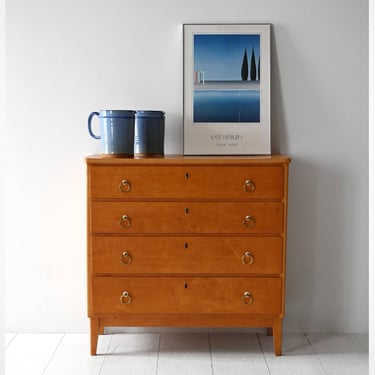 1950s Scandinavian Birch Dresser with Brass Ring Handles, Vintage Mid-Century Chest of Drawers 