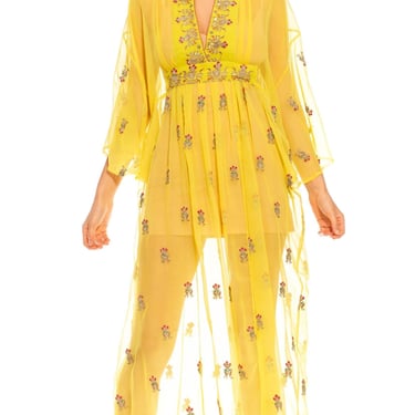 Morphew Collection Yellows  Gold Embroidered Silk Kaftan Made From Vintage Saris 