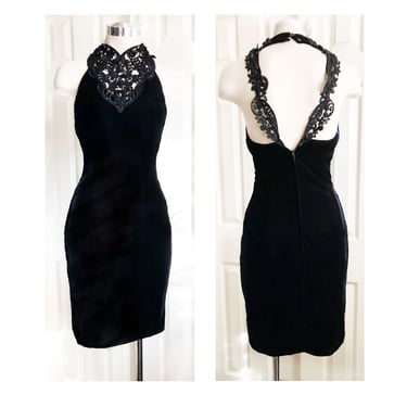 NEW Vintage 1980s Jessica McClintock Black Velvet Wiggle Party EVENING DRESS, Prom Bodycon Tight Cocktail Gown 