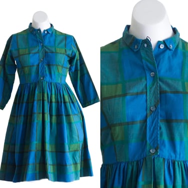 1960s/50s junior's green and blue plaid fit and flare shirt dress 