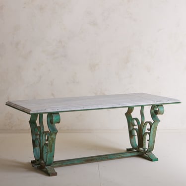 Green Forged Iron Table with Marble Top Attributed to Raymond Subes, France 1940s
