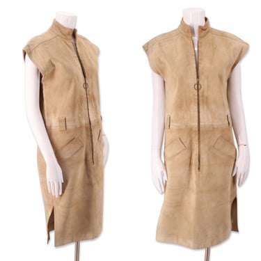 60s YSL suede Safari dress sz 8, vintage 1960s YVES Saint LAURENT iconic shift dress, zip front dress 38 As Is 