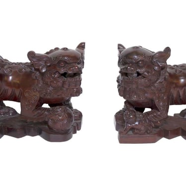 Pair of Hand Carved Wooden Cambodian Foo Dogs