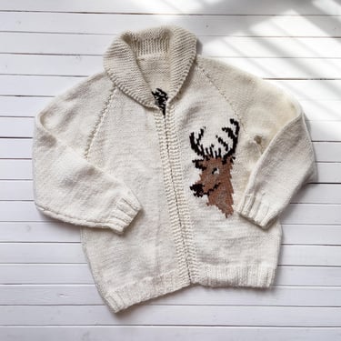 wool cowichan sweater 60s 70s vintage deer stag white heavy hand knit cardigan 