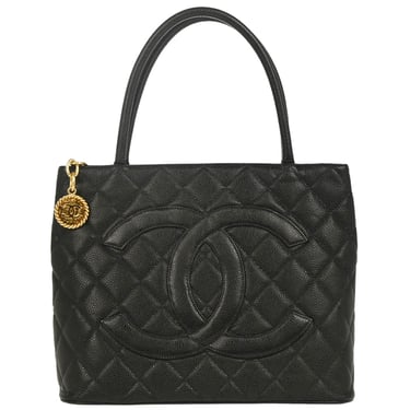 Chanel 2001-2003 Black Caviar Medallion Tote Handbag