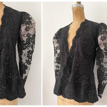 Vintage ‘90s Alachka Original black lace jacket | Alencon net lace cocktail jacket with dramatic puff shoulders, S 