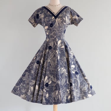 Fabulous 1950's Lilli Ann Navy Blue Polka Dot Cotton Dress With Low Back / SM