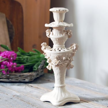Vintage Italian ceramic candle holder with roses / vintage Bassano candle holder / shabby chic candlestick holder / cottage decor 