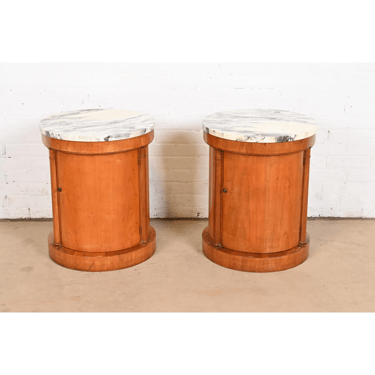 Baker Furniture Empire Cherry Wood Marble Top Drum Nightstands or Side Tables, Pair