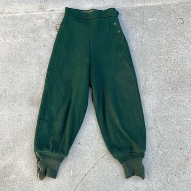Vintage 1930s Green Wool Ski Pants Side Buttons Straight Fit Knit Cuffs Sport