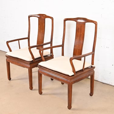 Henredon Hollywood Regency Chinoiserie Sculpted Mahogany Dining Arm Chairs, Pair